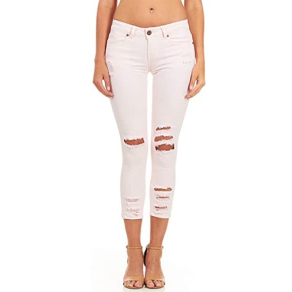Cover Girl Pants - Blush pink distressed stretch skinny Capri denim